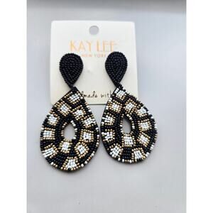 Kay Lee Black Oval Glass Beaded Earrings New